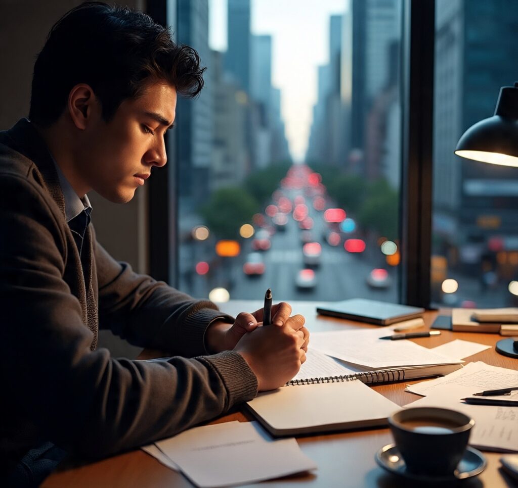 A focused man writing in a notebook at a desk by a window overlooking a busy city street at dusk