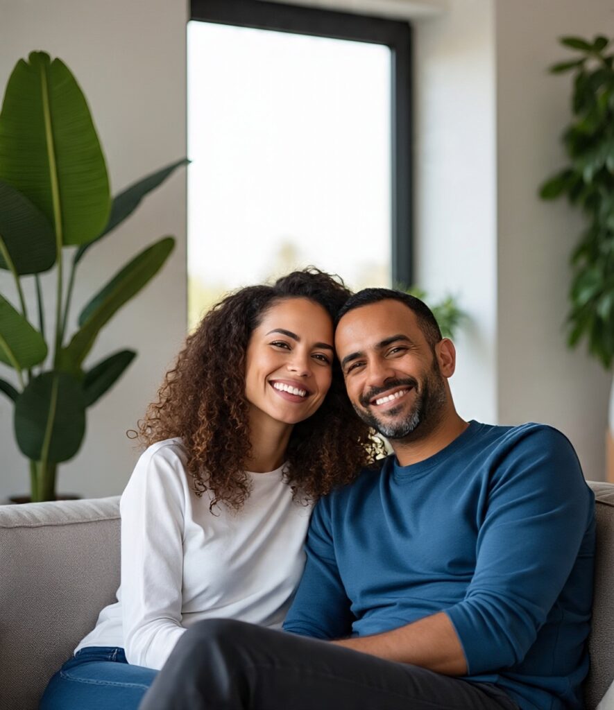 Happy couple smiling and sitting together on a cozy couch at home with indoor plants in the background
