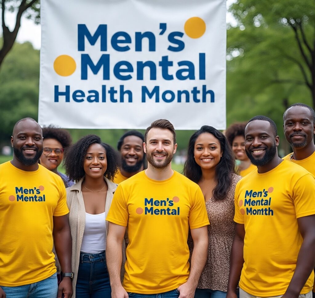 A diverse group of people wearing yellow t-shirts supporting Men's Mental Health Month at an outdoor awareness event with a banner in the background
