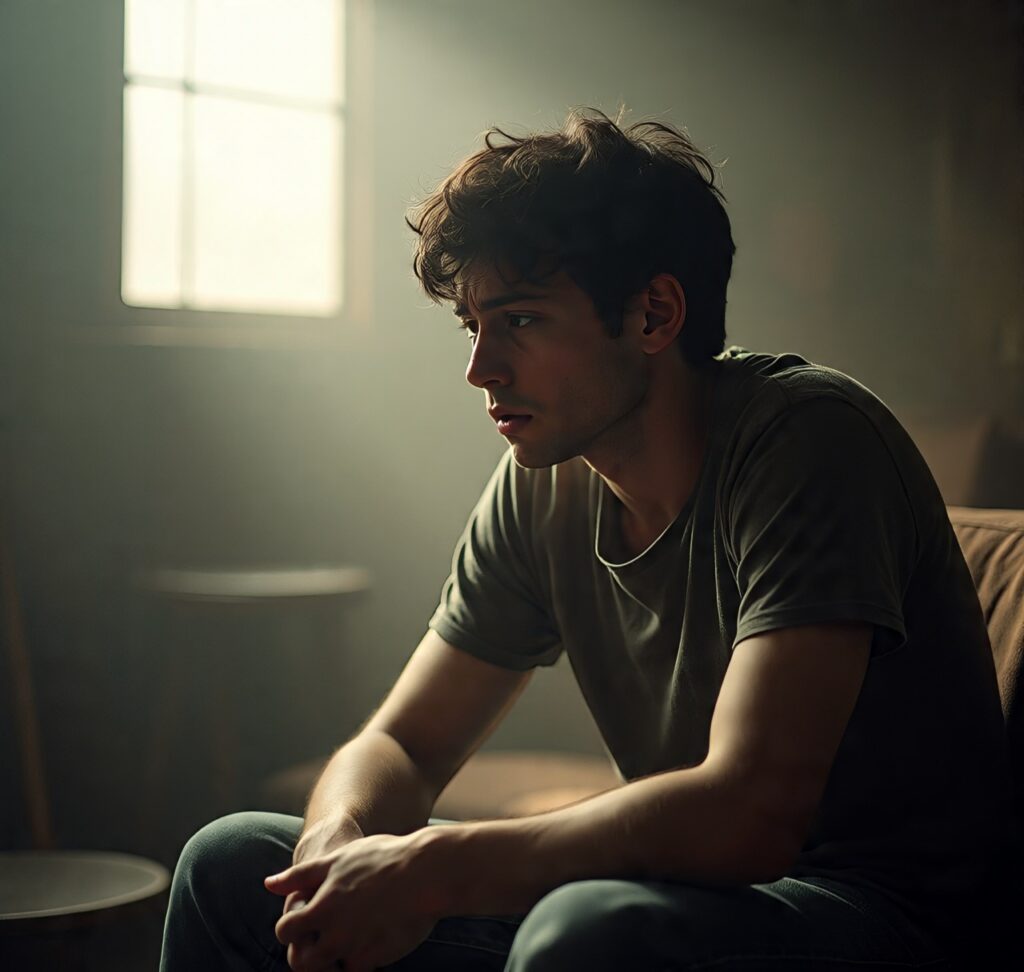 Young man sitting alone in a dimly lit room, appearing mentally exhausted and emotionally distant