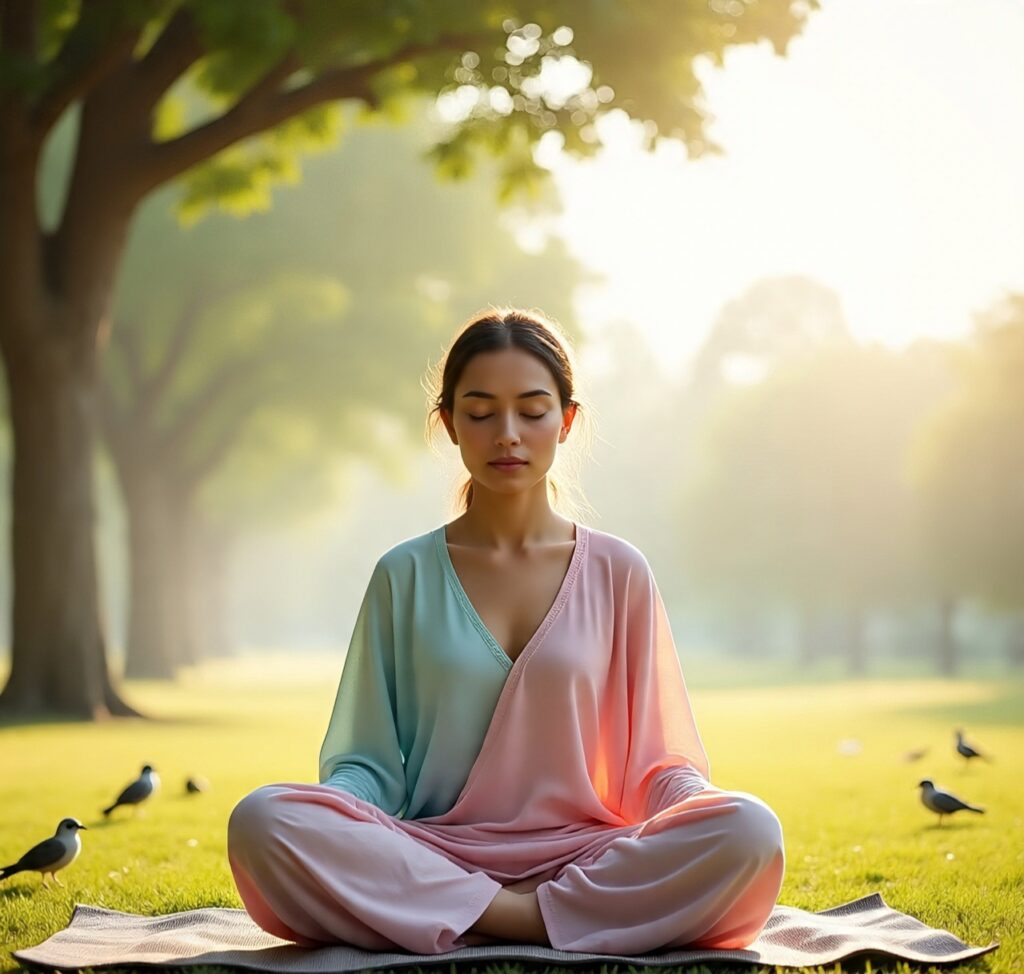 Woman practicing morning meditation in a peaceful park surrounded by nature and birds, promoting mindfulness and relaxation