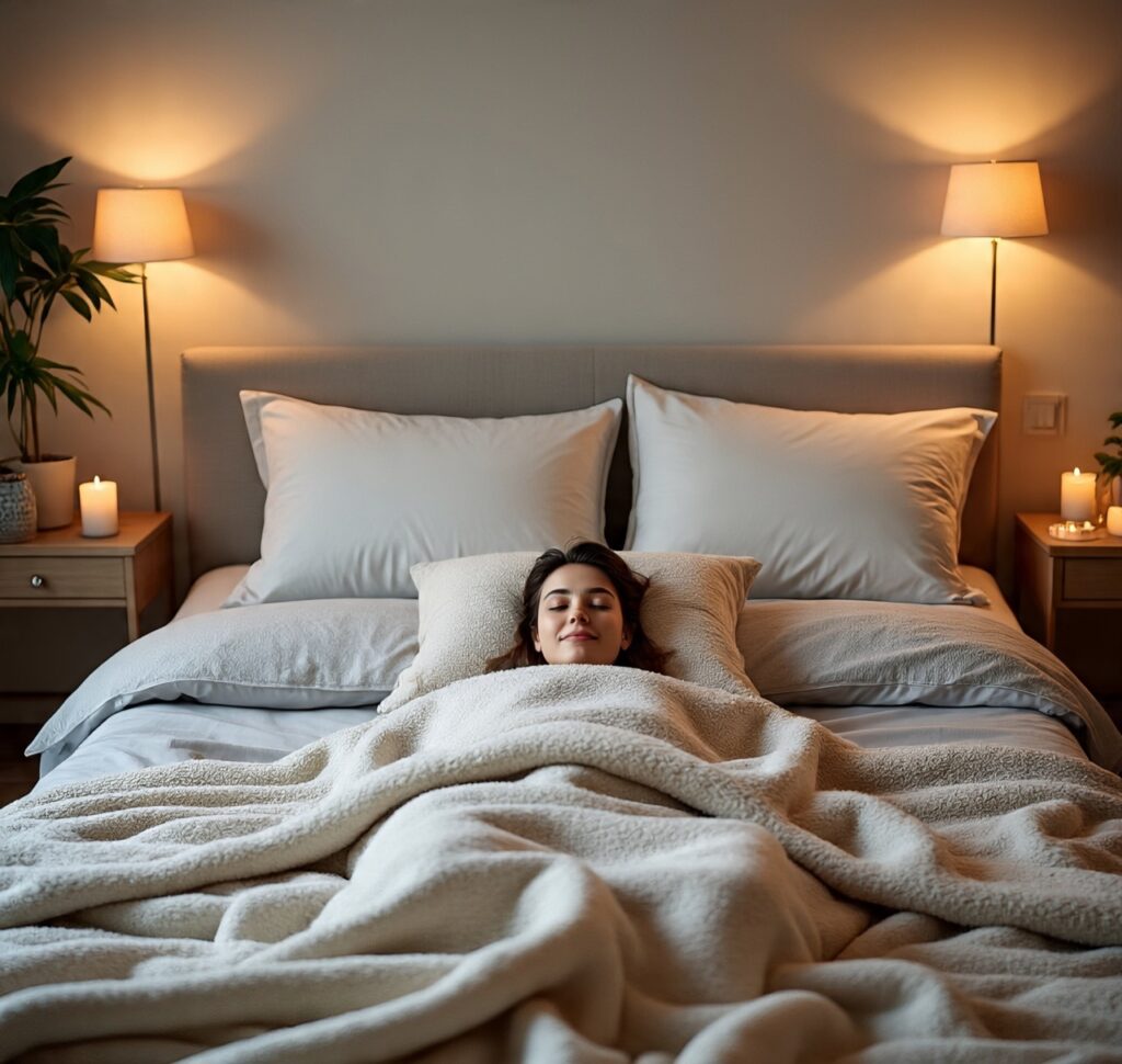 A woman sleeping peacefully in a cozy, warmly lit bedroom with soft blankets and ambient lighting