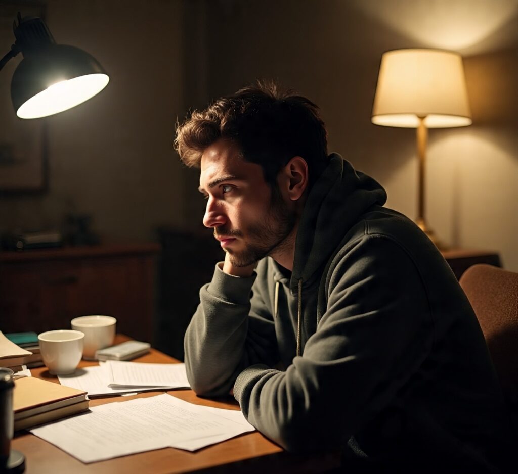 A young man in a hoodie studying late at night under a desk lamp, looking thoughtful and tired with papers and coffee cups spread across the table.