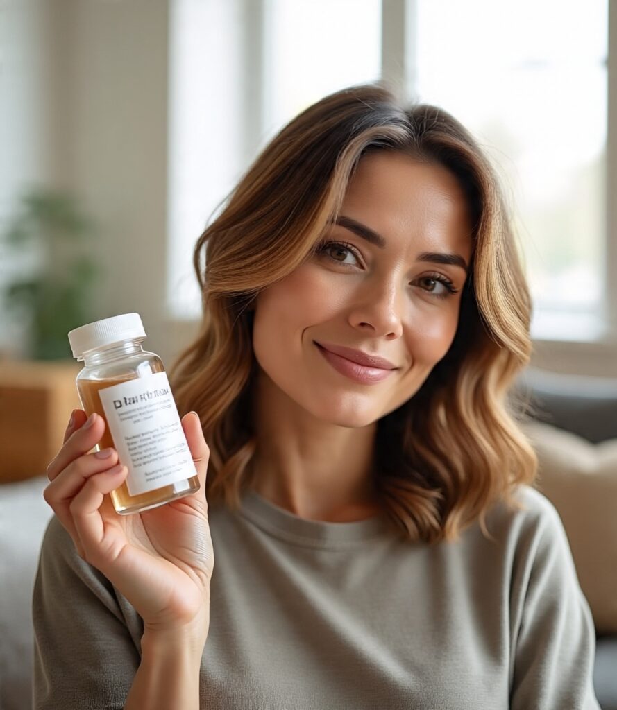 Smiling woman holding a natural supplement bottle, promoting health and wellness indoors