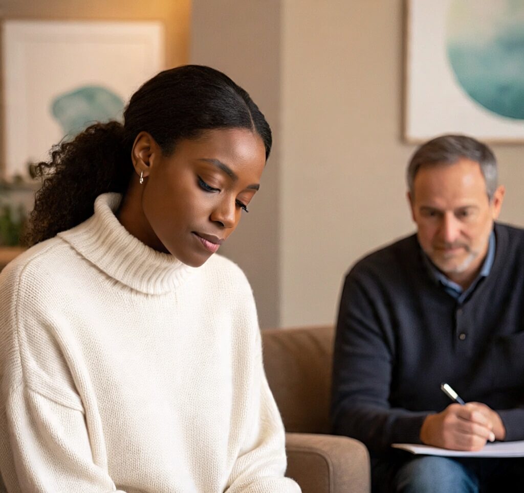 A young woman in a therapy session with a male counselor, reflecting during mental health support conversation
