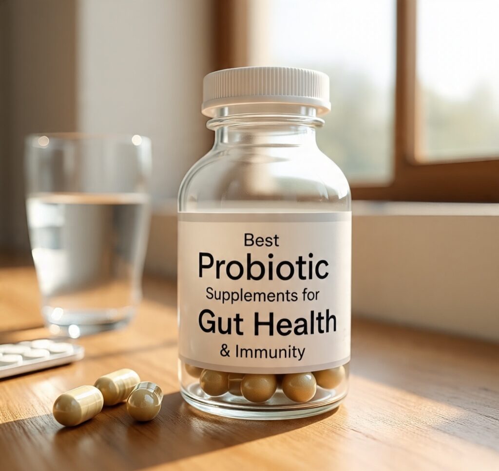 Glass bottle of probiotic supplements for gut health and immunity on a wooden table with capsules, a glass of water, and sunlight in the background.