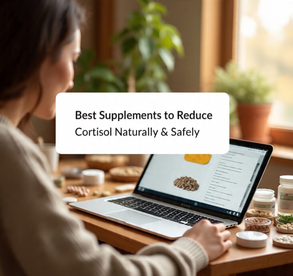 Woman researching best supplements to reduce cortisol naturally and safely on a laptop with herbal capsules and natural remedies on the table.