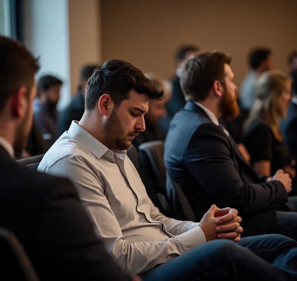 Man in white shirt sitting at a business conference, appearing deep in thought during presentation.