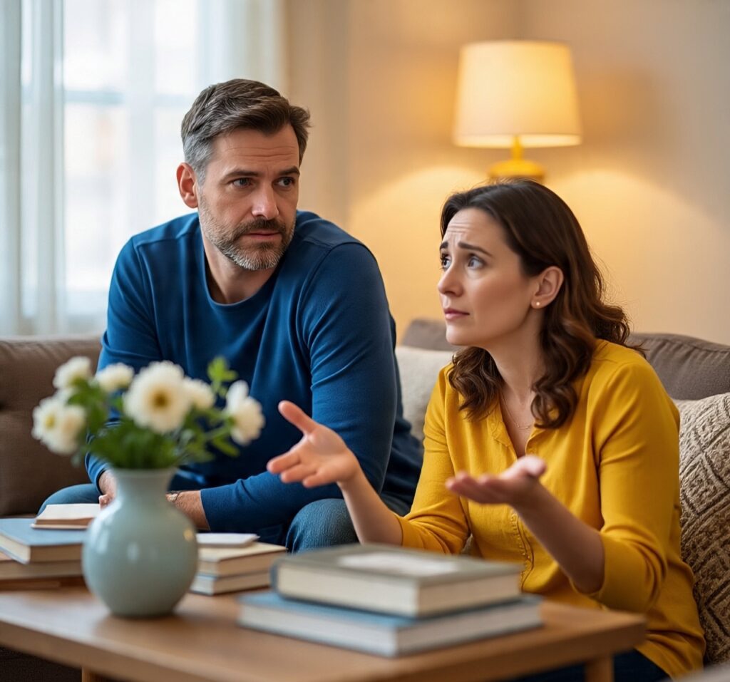 Concerned couple having a serious discussion during a therapy session at home, highlighting emotional support and relationship counseling