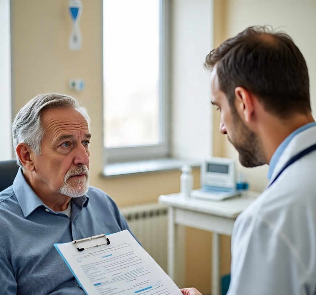 Doctor consulting a senior man patient during a prostate health checkup in a medical office, discussing medical forms and treatment options.
