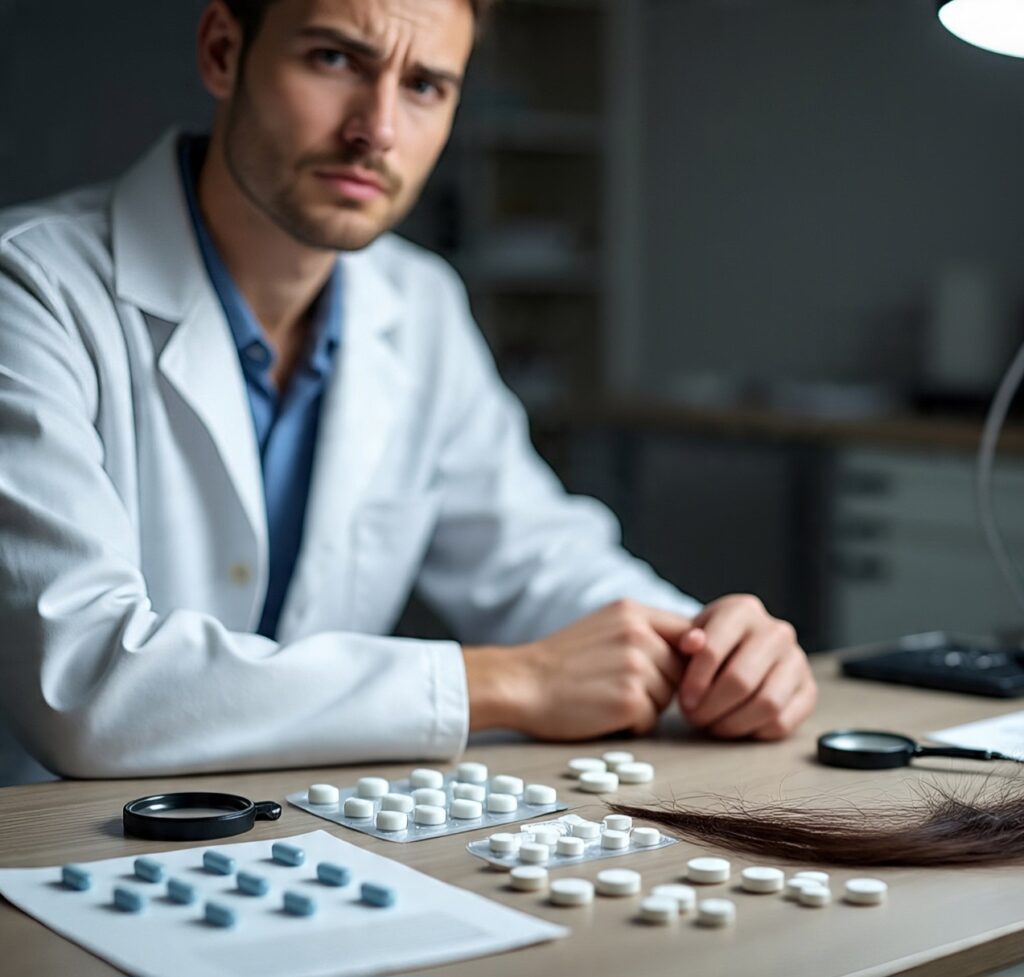 Doctor examining various medications and hair samples to investigate possible drug-induced hair loss causes.