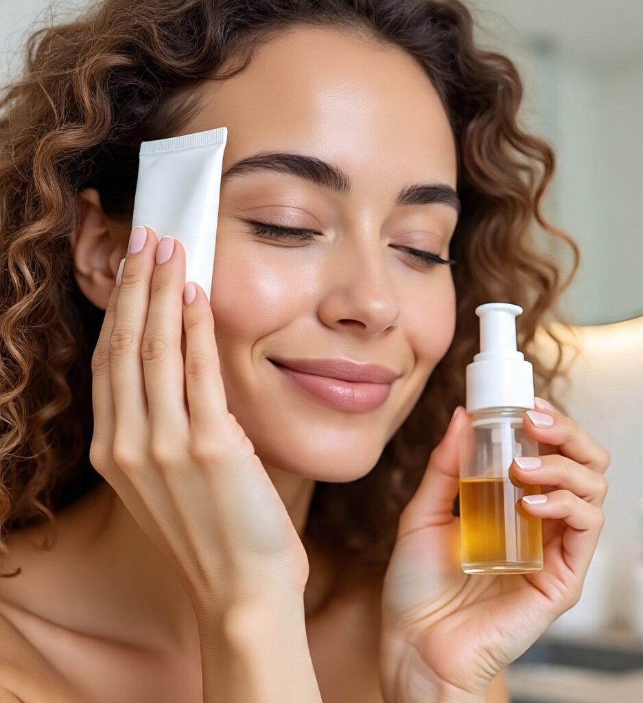 Smiling woman holding facial oil cleanser and cream, demonstrating double cleansing skincare routine for glowing healthy skin