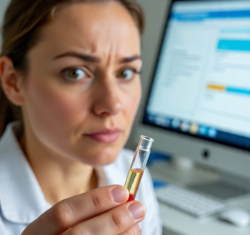 Concerned female doctor holding a urine sample for medical lab test analysis in front of a computer screen