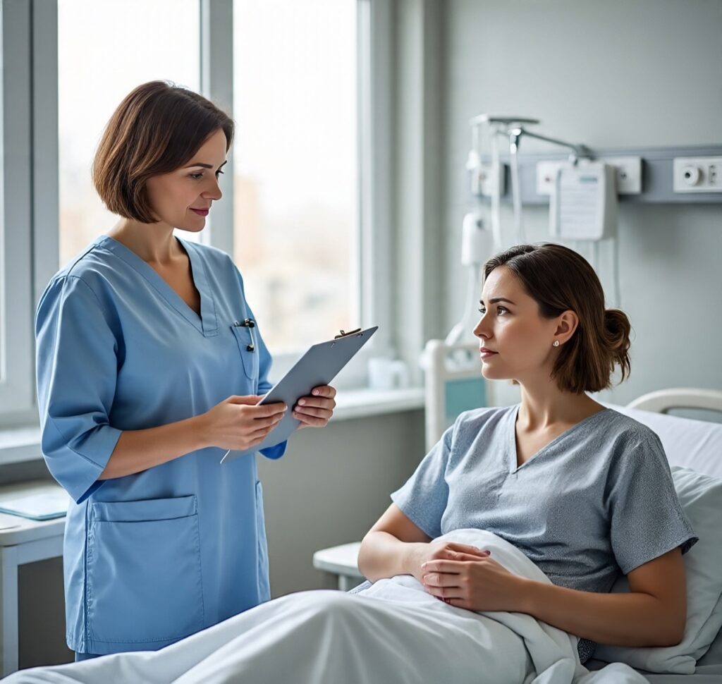 A female nurse discussing treatment options with a woman patient in a hospital room during a medical consultation.