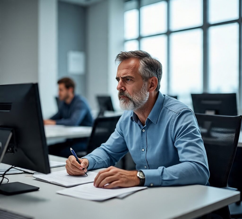 Focused mature businessman working on computer in modern office, analyzing documents and taking notes
