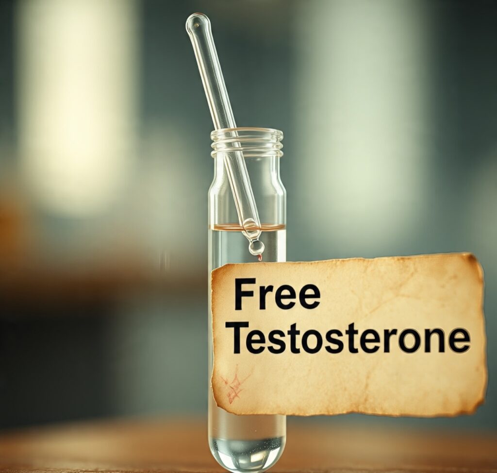 Glass dropper bottle with liquid labeled Free Testosterone, concept of hormone testing and testosterone levels
