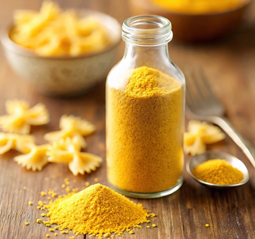 Glass jar of golden cheddar cheese powder with pasta and a spoon on a rustic wooden table, perfect for pasta seasoning and cooking recipes.