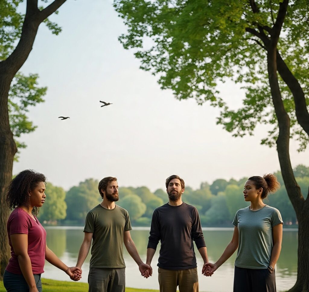 Diverse group of people holding hands in a circle during an outdoor meditation session by a lake, surrounded by green trees, promoting stress relief and mindfulness in nature.