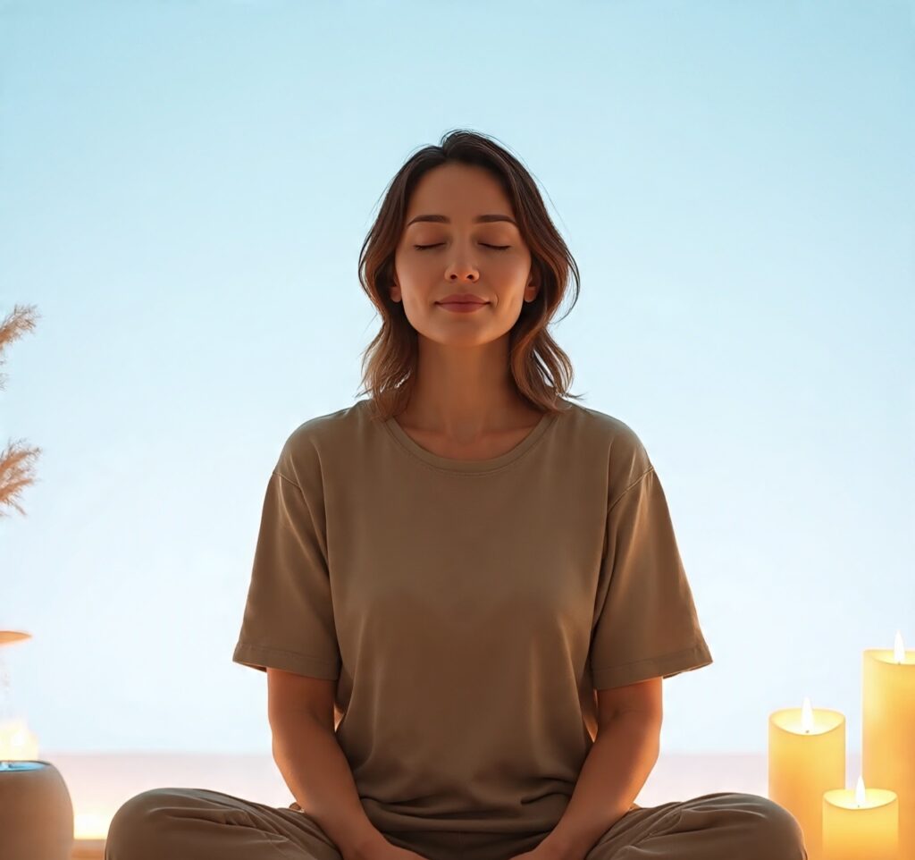 Woman practicing guided mindfulness meditation with closed eyes, sitting peacefully surrounded by candles for relaxation and stress relief.