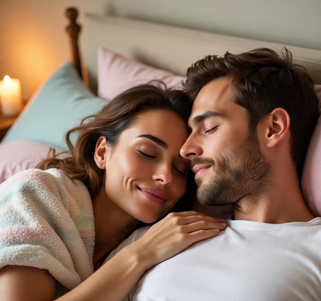 Happy couple cuddling in bed during a romantic evening, showcasing emotional intimacy and relationship bonding