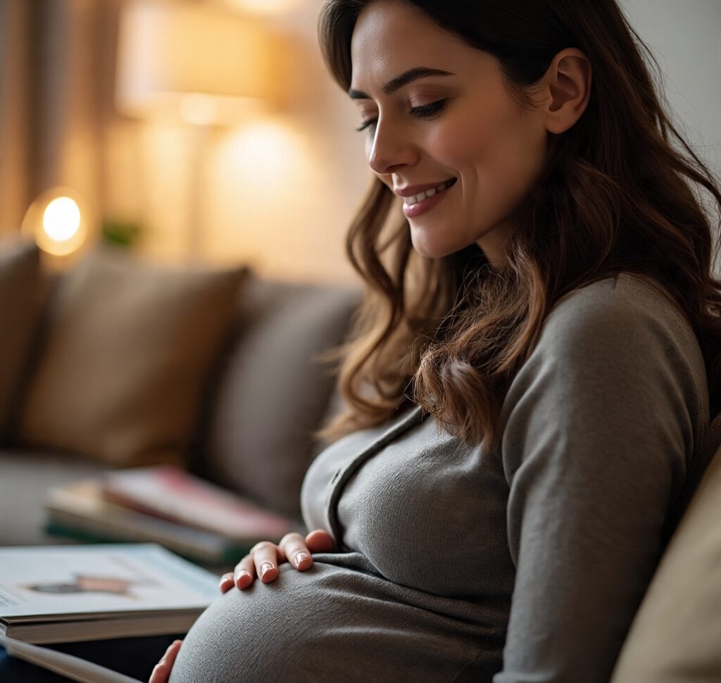 Smiling pregnant woman reading a book on the couch at home, relaxing during maternity