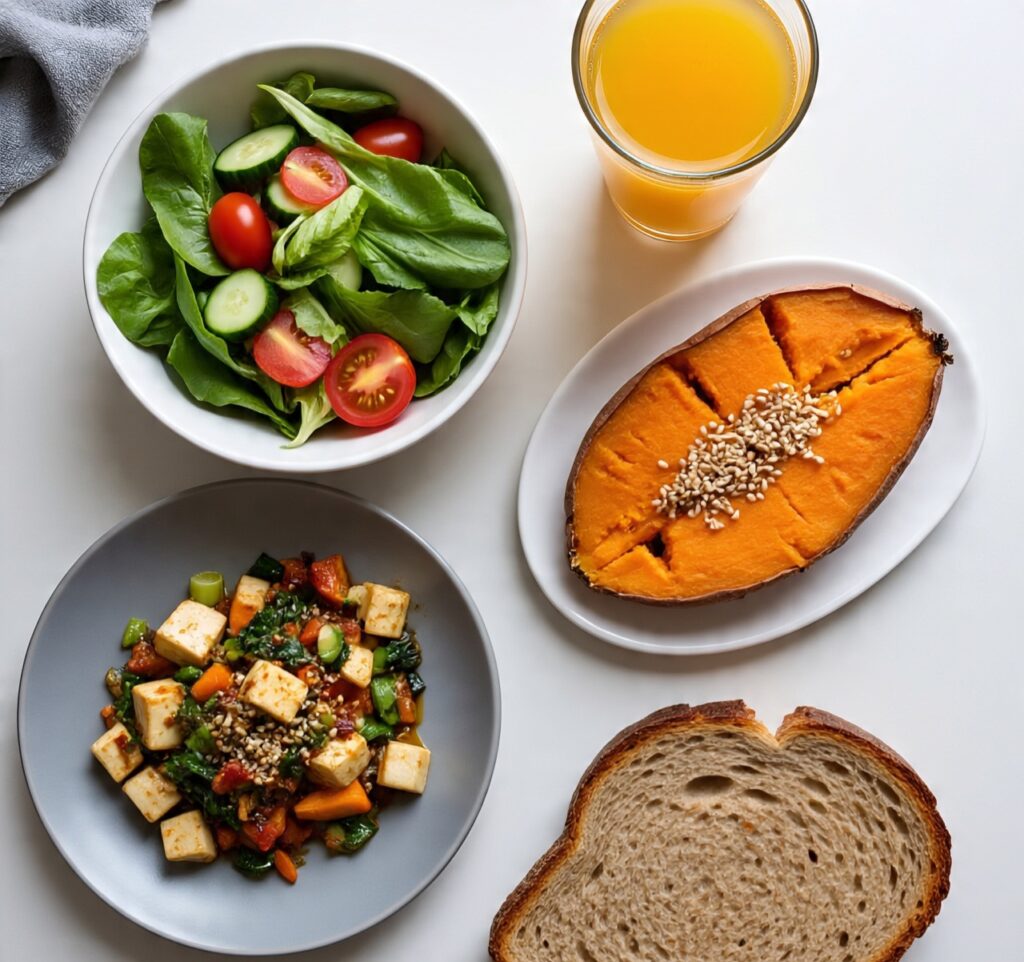 A healthy vegetarian meal featuring a fresh green salad with cherry tomatoes and cucumbers, a baked sweet potato topped with sesame seeds, stir-fried tofu with mixed vegetables, a slice of whole grain bread, and a glass of orange juice.