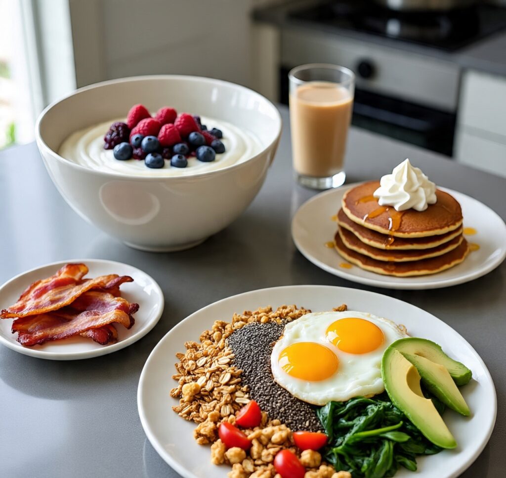 Healthy high-protein breakfast with sunny-side-up eggs, avocado, chia seeds, granola, sautéed spinach, fresh berries with yogurt, pancakes with whipped cream, bacon strips, and a glass of protein shake on a kitchen counter