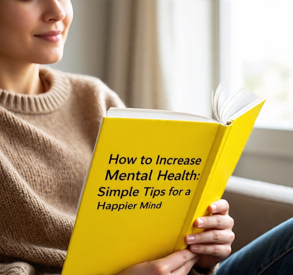 Woman reading a yellow book titled How to Increase Mental Health: Simple Tips for a Happier Mind while sitting by a window.