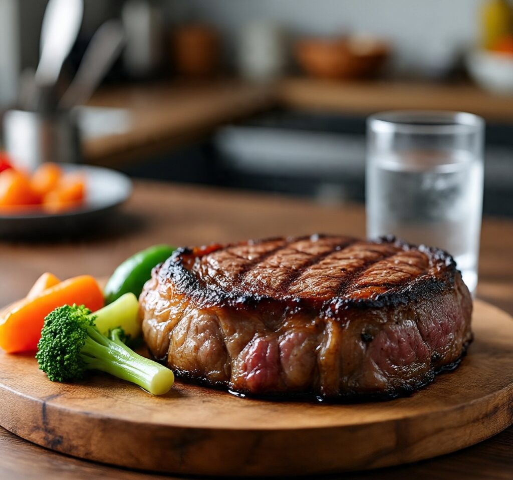 Juicy grilled ribeye steak served with fresh broccoli, carrots, and peppers on a wooden board, with a glass of water in the background.