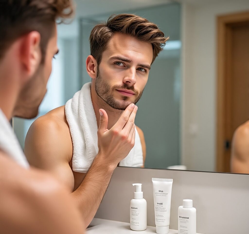 Young man applying skincare product while looking in the mirror during his morning grooming routine in a modern bathroom