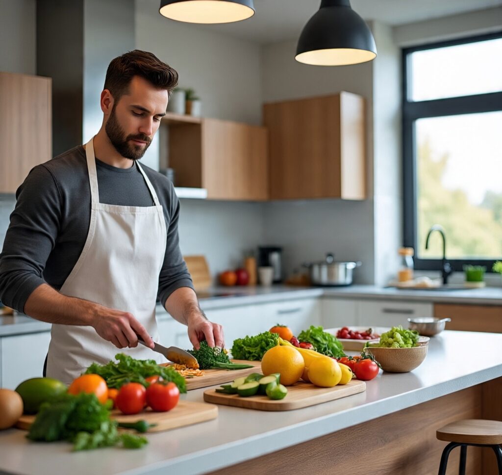 Man preparing a healthy vegetable meal in a modern kitchen surrounded by fresh produce including tomatoes, lettuce, and cucumbers