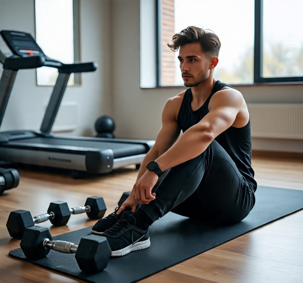 Young athletic man in black workout clothes sitting on a gym mat beside dumbbells, with a treadmill in the background, preparing for strength training.