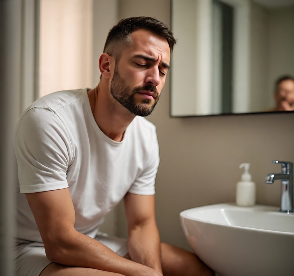 Young man sitting in bathroom with stomach pain and constipation discomfort