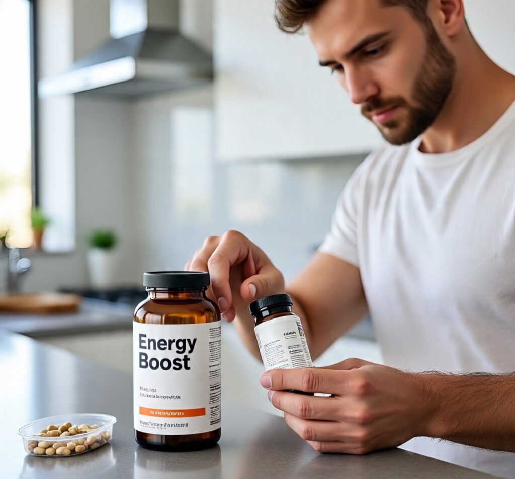 Man in kitchen reading supplement label while preparing to take energy boost capsules for improved vitality and performance.