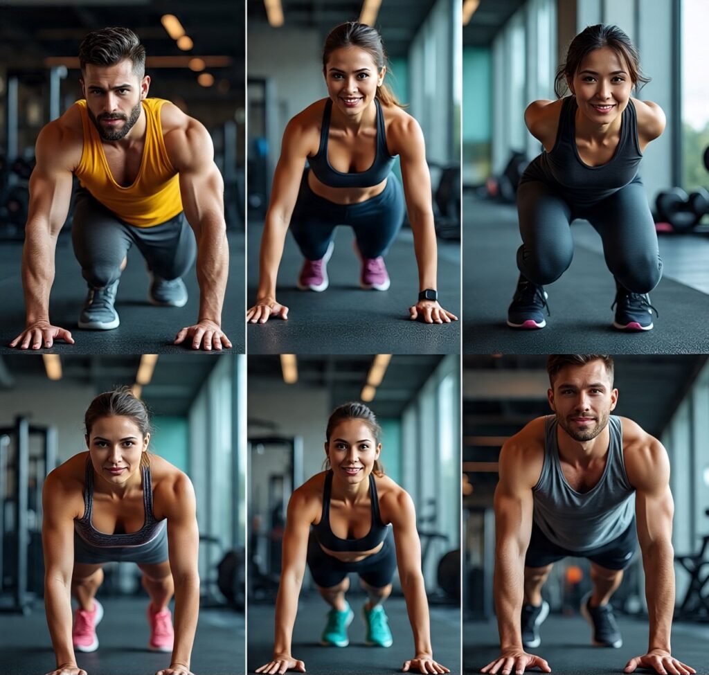 Men and women doing burpees in a modern gym setting, showcasing fitness, strength, and full-body workout exercises