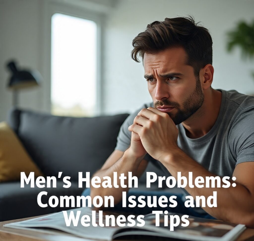 Worried man sitting on a couch representing men’s health problems, with text about common issues and wellness tips