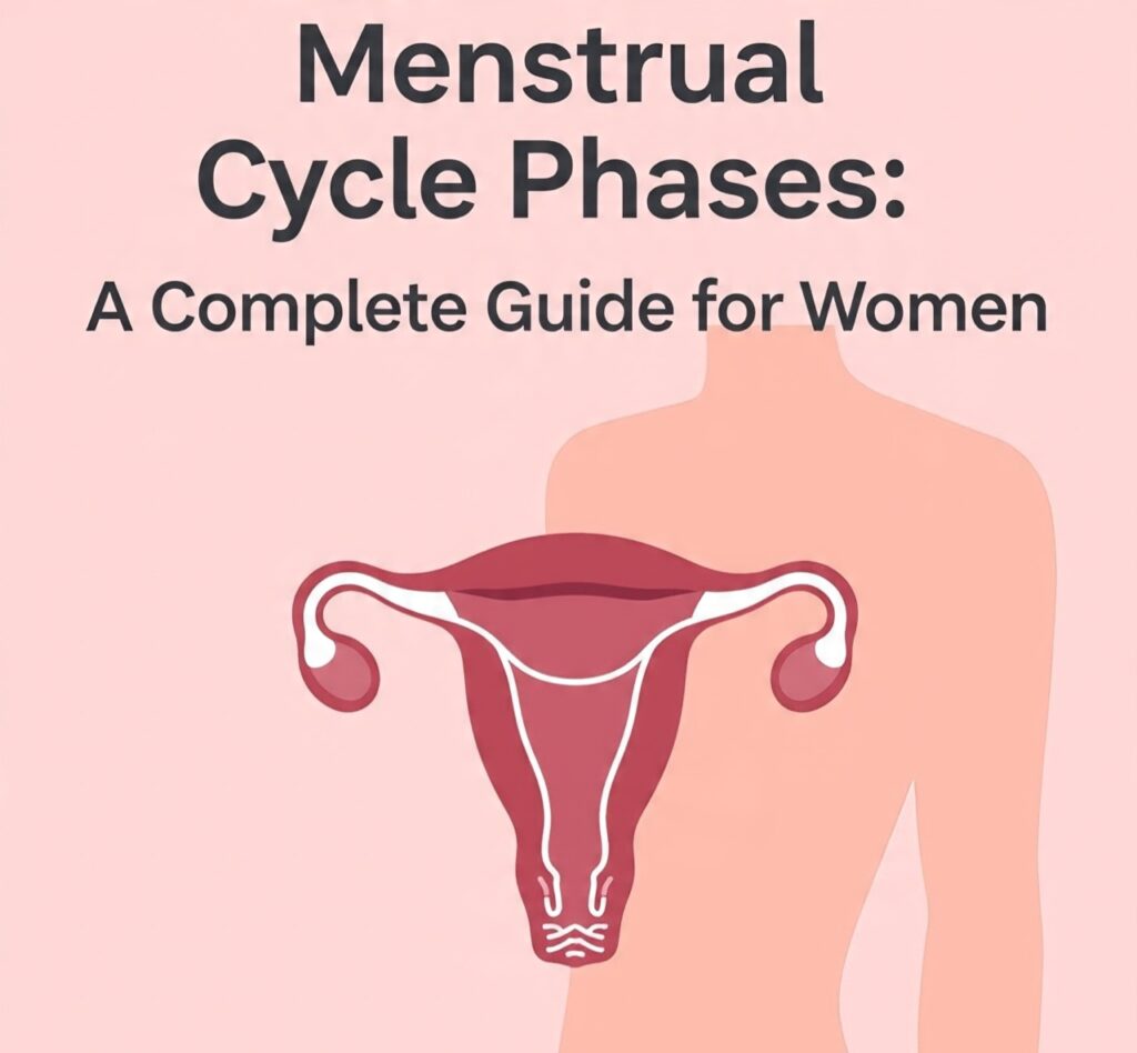 Illustration of menstrual cycle phases with female reproductive system diagram and educational guide for women