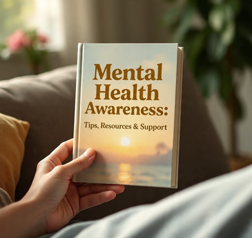 Person holding a book titled Mental Health Awareness: Tips, Resources & Support, promoting mental health education and self-care