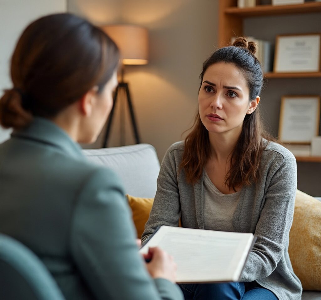A concerned woman in a therapy session with a female psychologist, discussing mental health support in a calm, professional setting