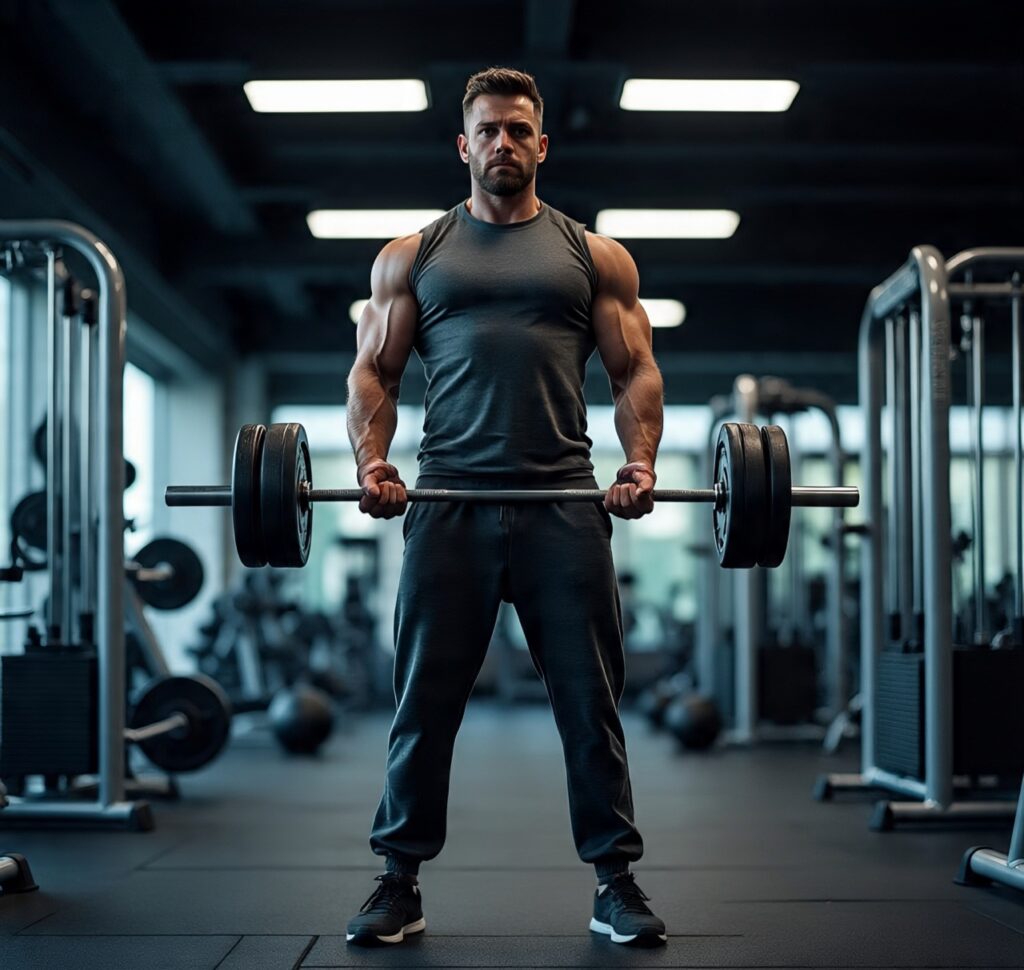 Muscular man performing barbell curl in modern gym, showcasing strength training and full body workout for muscle building