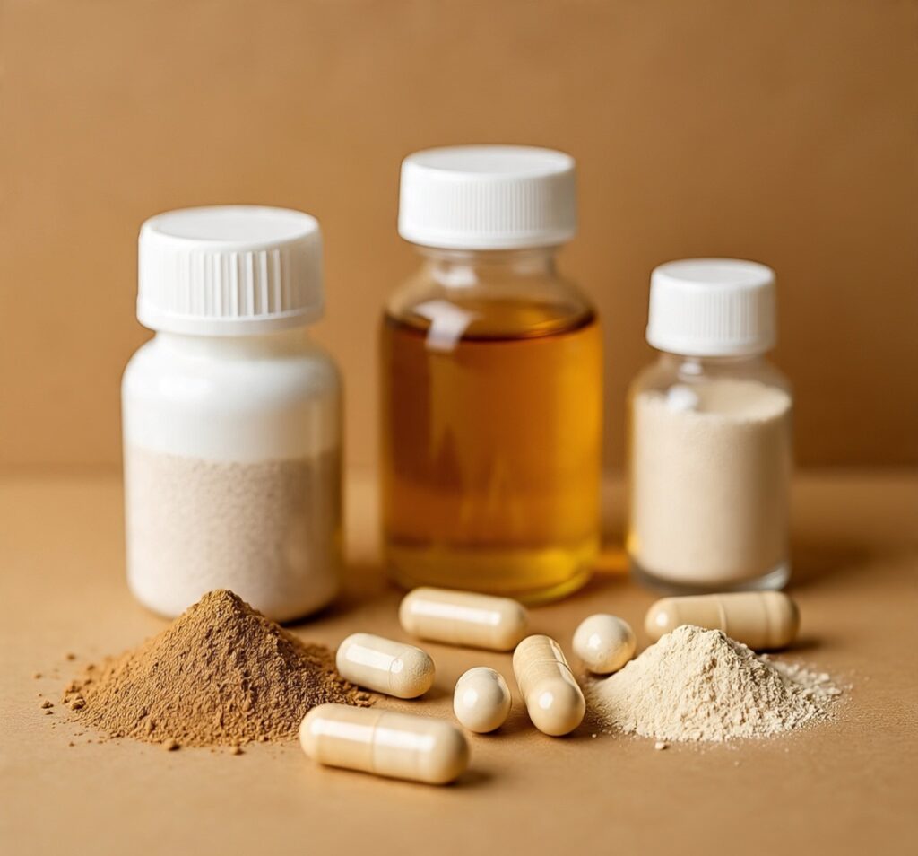 Natural anxiety supplements including herbal capsules, powders, and essential oil in glass and plastic containers on a neutral background.