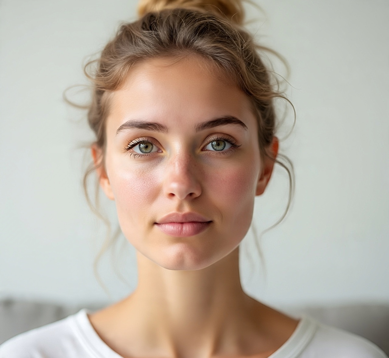 Close-up portrait of a natural beautiful young woman with clear skin, green eyes, and light makeup, showcasing healthy glowing complexion and fresh face for skincare or beauty concept.