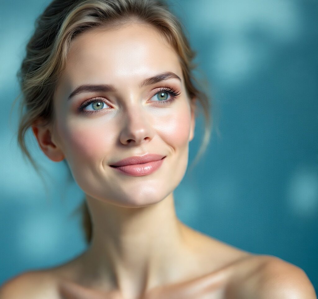 Portrait of a beautiful young woman with glowing natural skin, clear complexion, and healthy skincare look against a soft blue background
