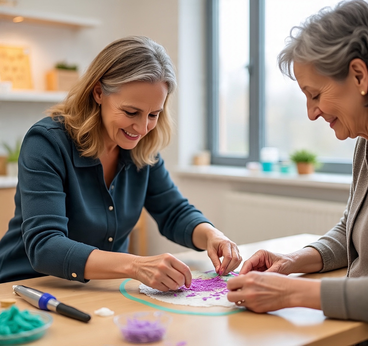 Two smiling women engaging in a craft activity during an occupational therapy session to improve fine motor skills and enhance well-being.