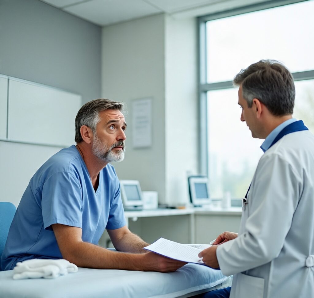 Middle-aged male patient discussing medical report with doctor during hospital consultation session.