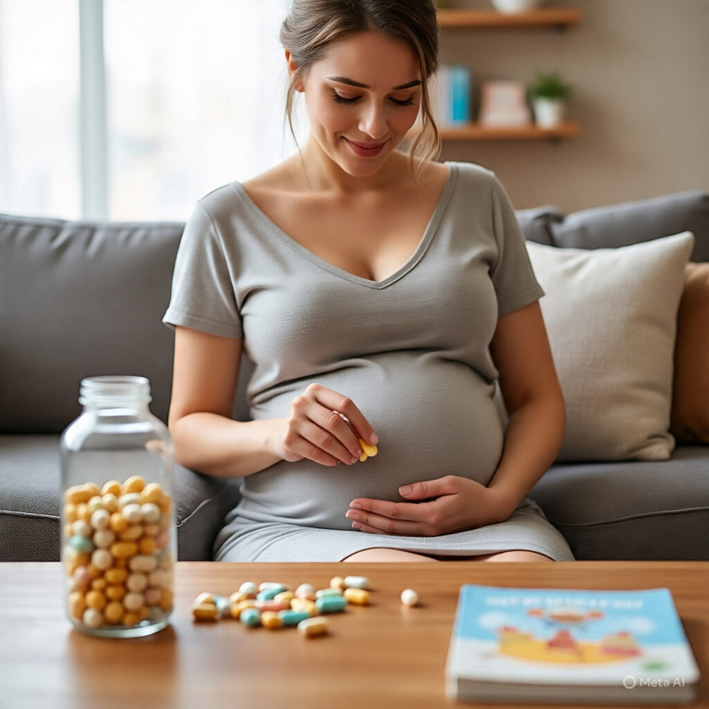 Pregnant woman in a grey dress sitting on a couch, holding her belly and taking prenatal vitamins from a table for healthy pregnancy support.