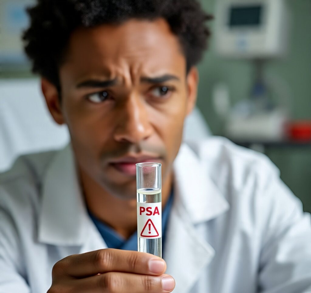 Concerned doctor holding PSA test vial indicating high prostate-specific antigen levels, warning sign for prostate cancer risk