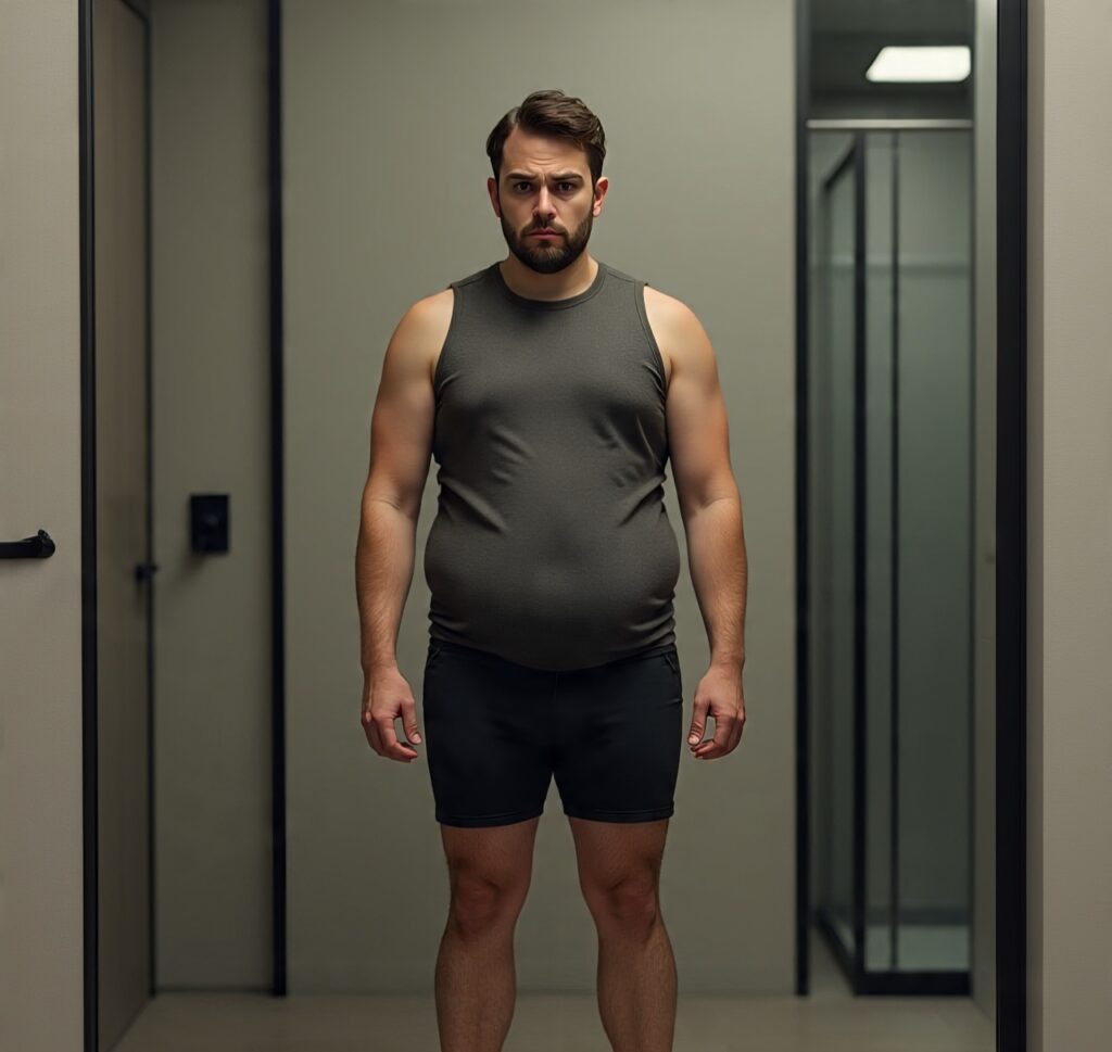 Man with skinny fat body composition standing indoors, showing visible belly fat despite slim arms and legs.