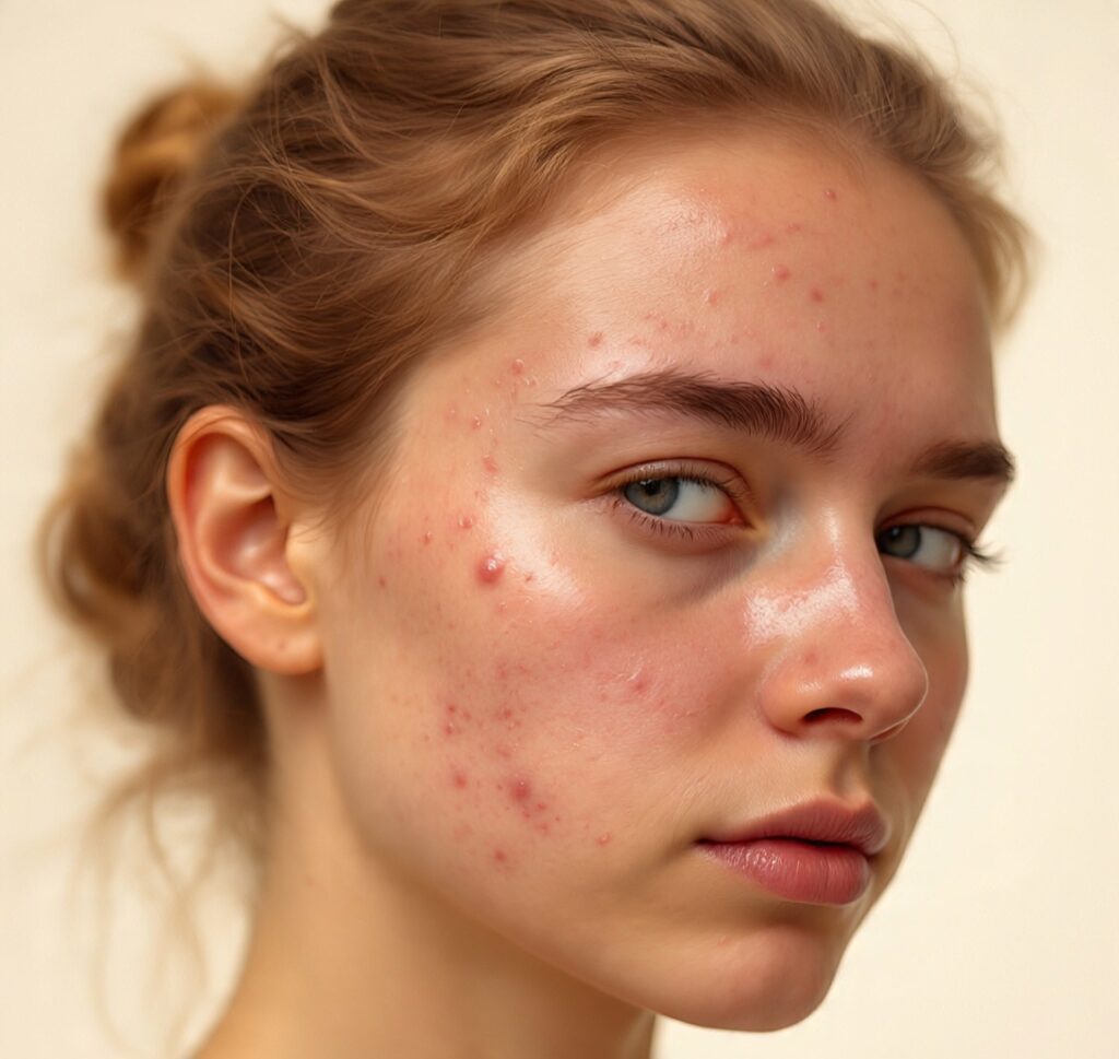 Close-up of a young woman with acne and pimples on her cheeks and forehead showing common skin issues like breakouts, oily skin, and blemishes