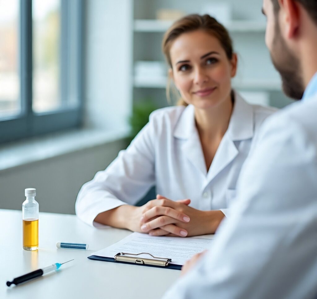 Doctor discussing testosterone injection treatment with male patient during medical consultation in a clinic setting